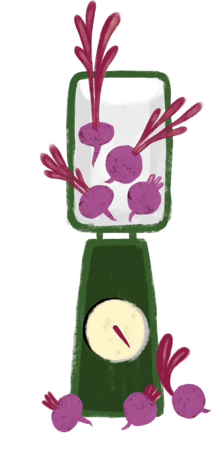 Illustration of beetroots being weighed on green kitchen scales