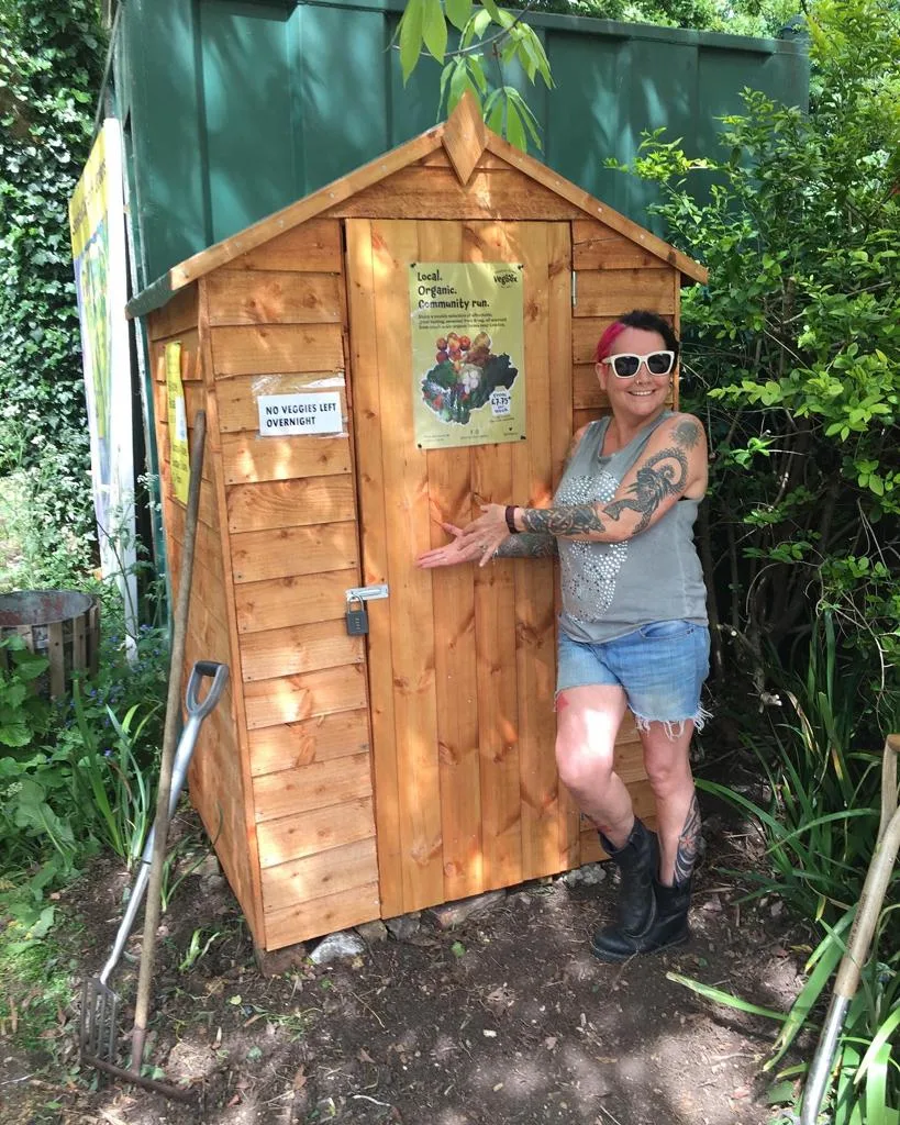 A small wooden Vegbox collection shed with a padlocked door and a poster on the front