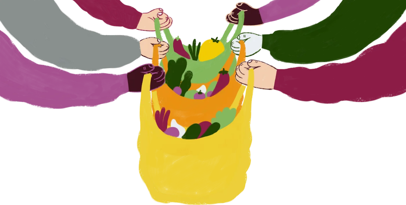 Illustration of many hands holding up colourful bags full of vegetables